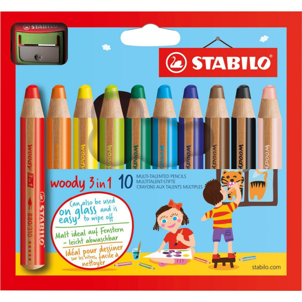 Set de 10 gros crayons Woody + taille crayon de Stabilo - Creastore