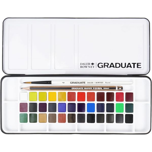 Set de voyage aquarelle 36 demi-godets - couleurs fondamentales + 1 pinceau aquafine + 1 crayon graphite Graduate