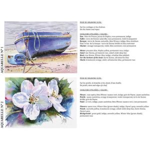 Bloc aquarelle prédessiné - bateau, cerise, clés, fleurs, paysage de campagne et paysage avec un phare - N°1