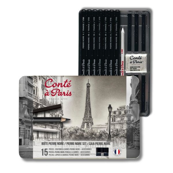 Boîte pierre noire - assortiment de crayons, carrés pierre noire et accessoires - Conté à Paris