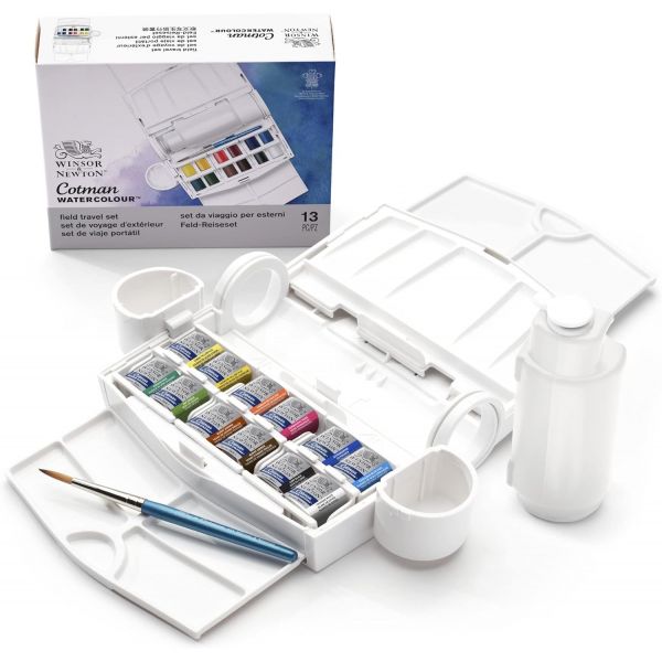 Set de voyage extérieur Cotman - Winsor & Newton - 12 demi-godets d'aquarelle fine + 1 pinceau rond de poche - 