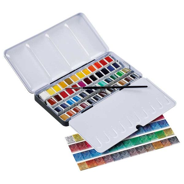 Boîte aquarelle extra-fine Sennelier - 48 Demi godets dont 12 offerts - Couleurs riches et vibrantes - 1 pinceau fin inclus