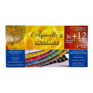 Boîte aquarelle extra-fine Sennelier - 48 Demi godets dont 12 offerts - Couleurs lumineuses et éclatantes - Aquarelle à base de 