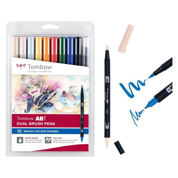 Set 10 feutres ABT Dual brush Tombow - Double pointe - Couleurs aquarellables -  Manga Shonen