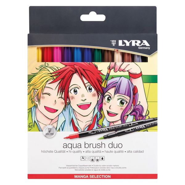 Set Aqua Brush Duo - 12 couleurs Manga - Double pointe : pointe pinceau souple et pointe moyenne -  Lyra